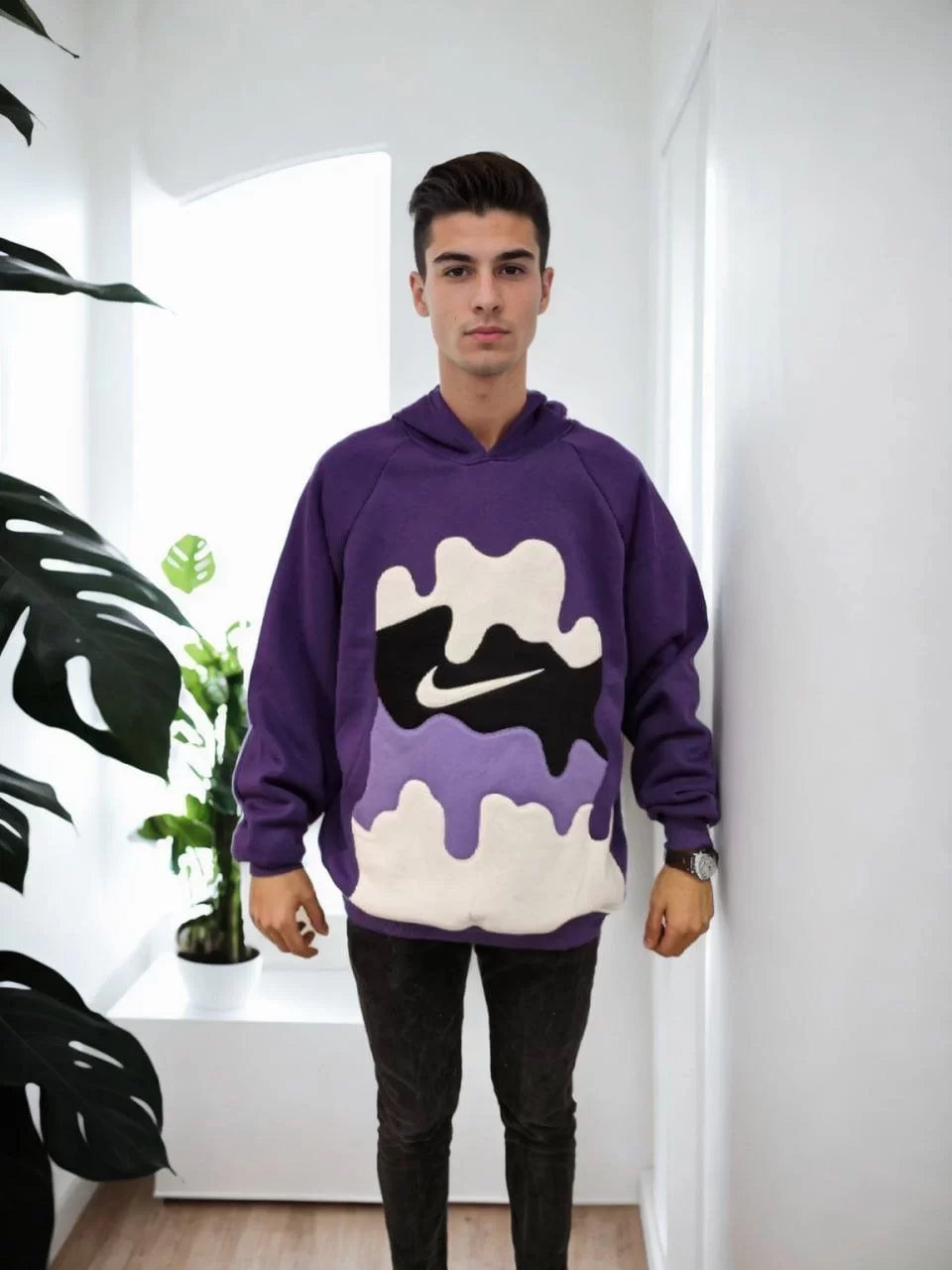 Erkek Asimetrik Parçalı Kapüşonlu Sweatshirt - Mor