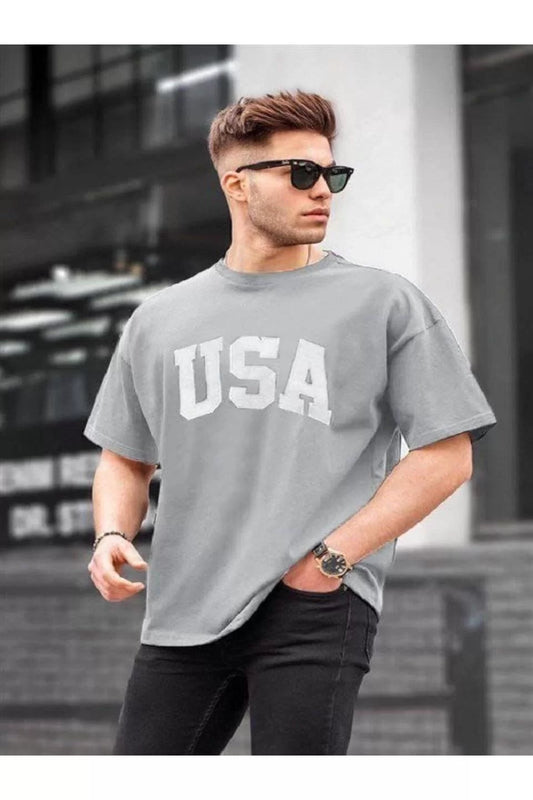 Erkek Baskılı Oversize T-shirt - Gri