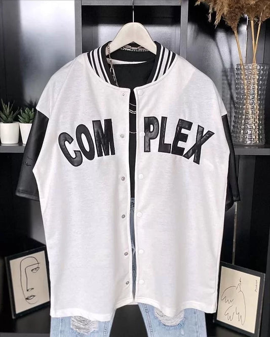 Erkek Complex Kolları Deri Kolej Oversize T-Shirt - Beyaz