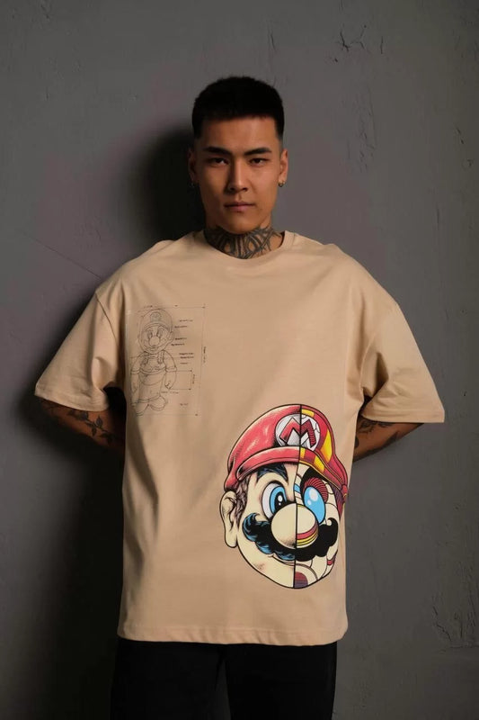 Erkek Mario Baskılı Oversize T-Shirt - Bej