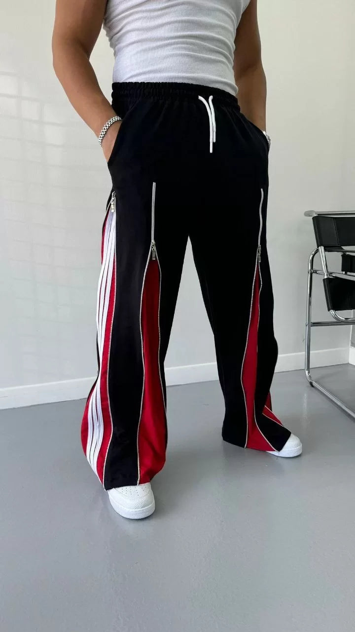 Fermuarlı Şeritli Baggy Pantalon - Siyah