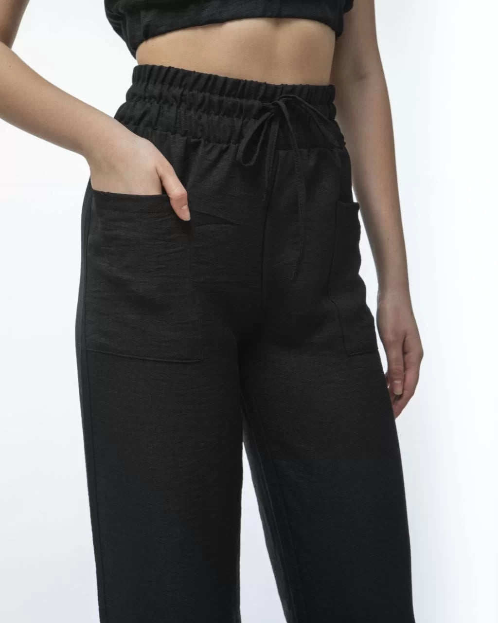 Kadin Keten Pantalon ve Crop Takım - Siyah