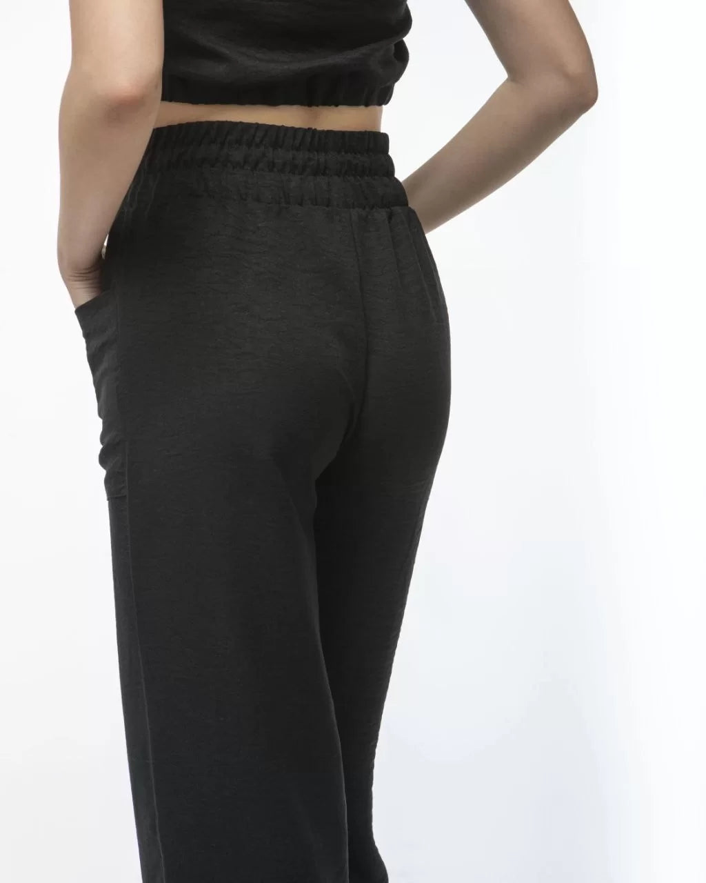 Kadin Keten Pantalon ve Crop Takım - Siyah