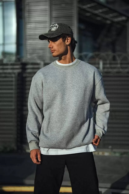 Kışlık Bisiklet Yaka Üç İplik Basic SweatShirt - Gri