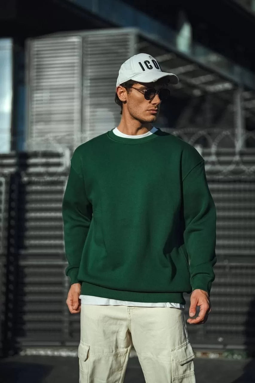 Kışlık Bisiklet Yaka Üç İplik Basic SweatShirt - Haki