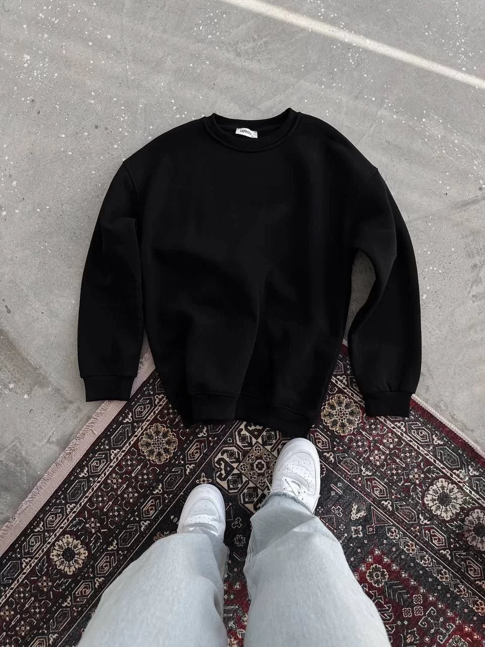 Kışlık Bisiklet Yaka Üç İplik Basic SweatShirt - Siyah