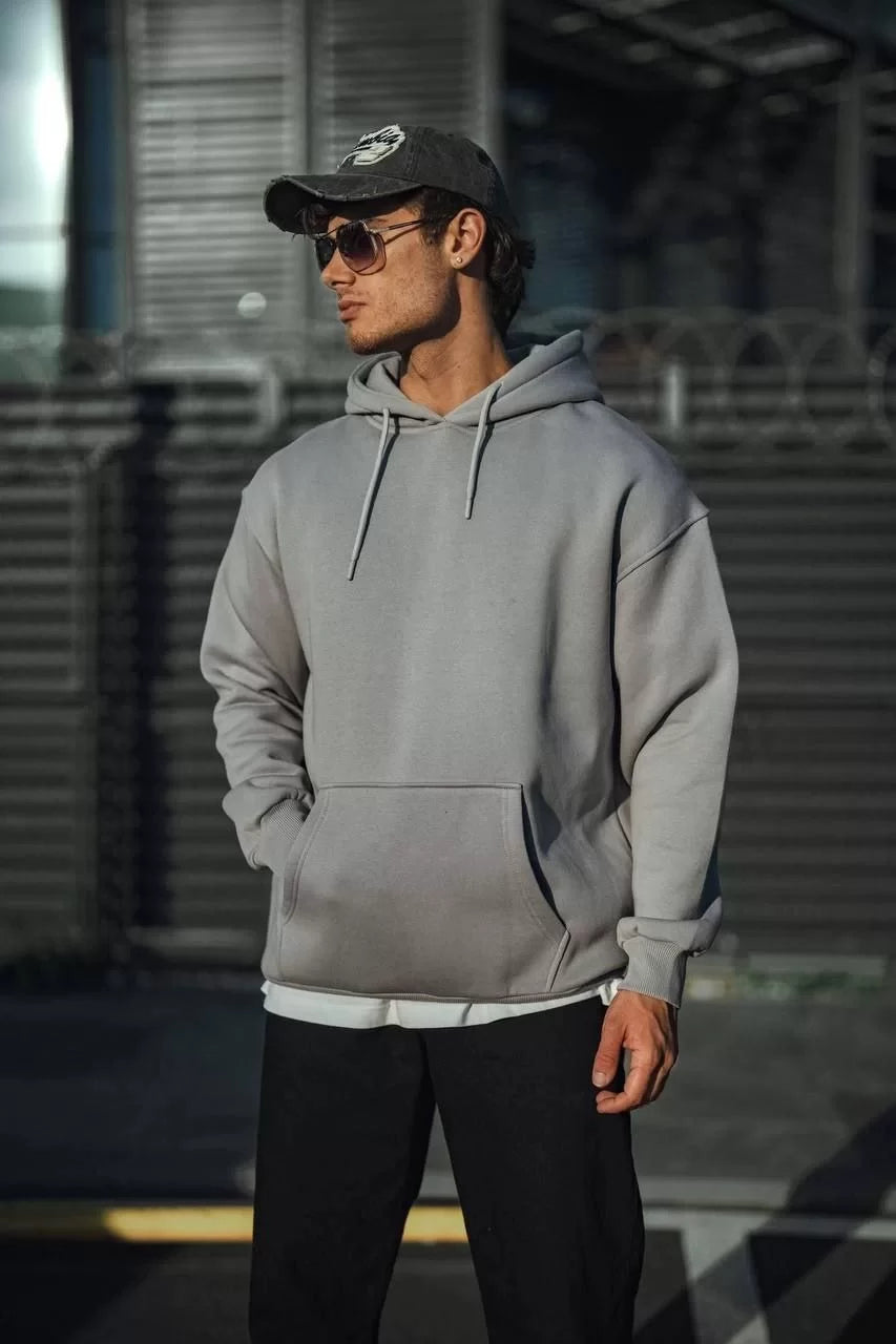 Üç İplik Penye Kapşonlu Basic SweatShirt - Boyalı Gri