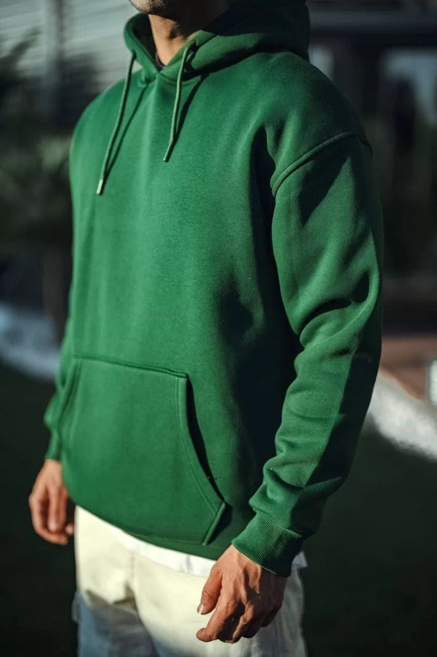 Üç İplik Penye Kapşonlu Basic SweatShirt - Haki