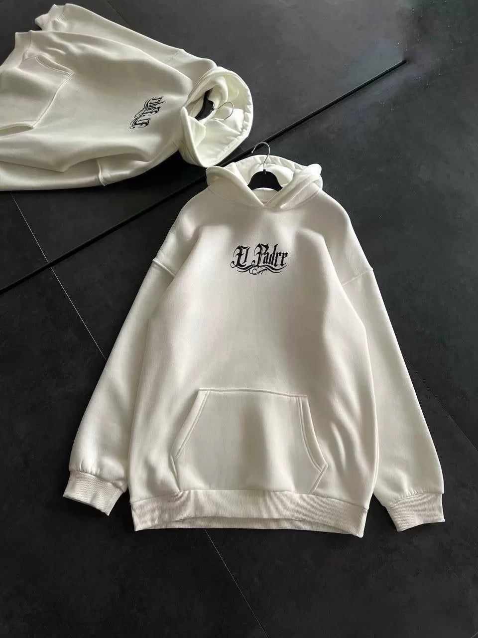 Üç İplik Penye Uzun Kol Kapşonlu Baskılı SweatShirt - Beyaz