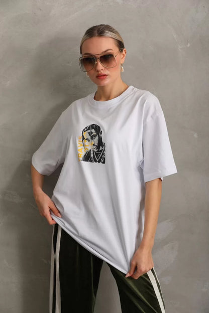 Unisex Baskılı Oversize T-Shirt - Beyaz