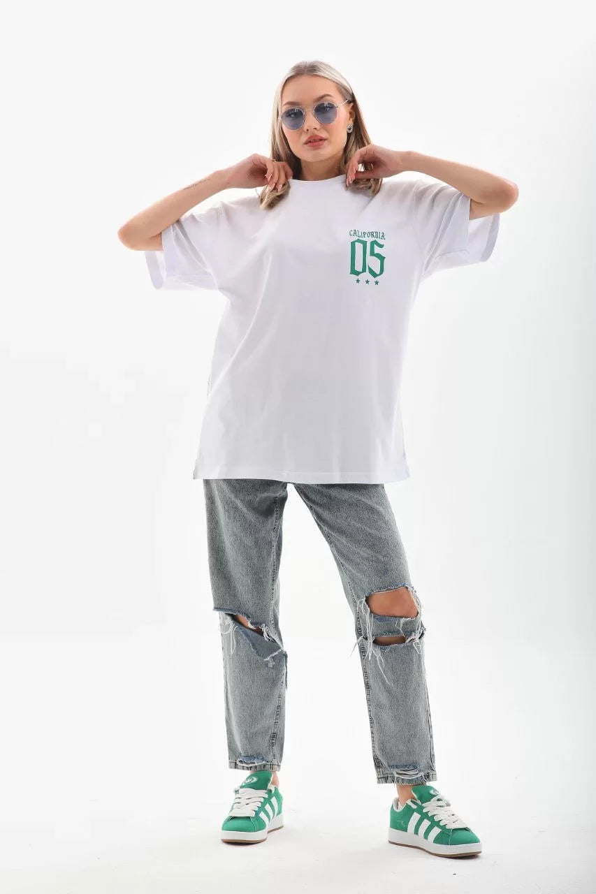 Unisex Baskılı Oversize T-Shirt - Beyaz