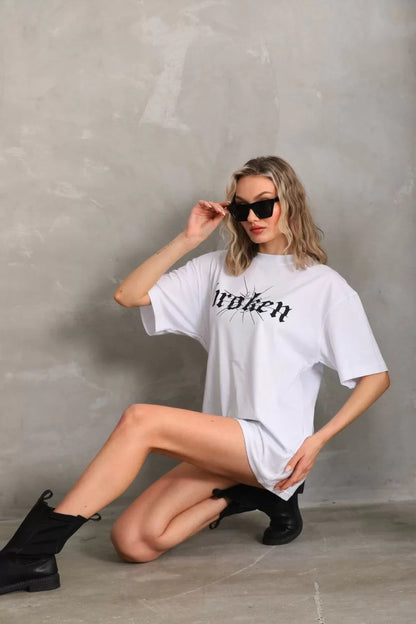 Unisex Baskılı Oversize T-Shirt - Beyaz