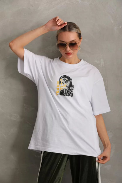 Unisex Baskılı Oversize T-Shirt - Beyaz