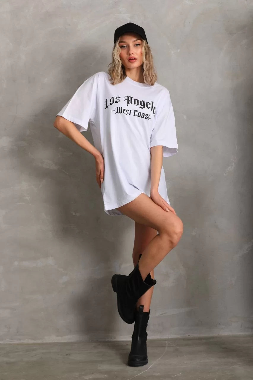 Unisex Baskılı Oversize T-Shirt - Beyaz