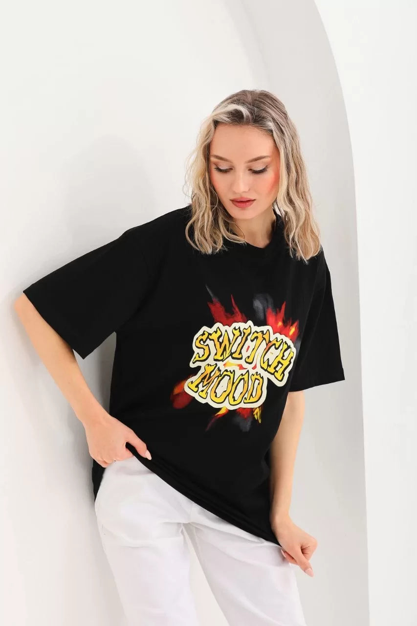 Unisex Baskılı Oversize T-Shirt - Siyah