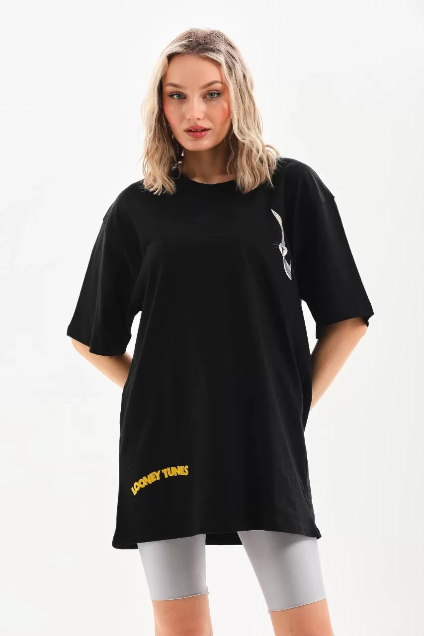 Unisex Baskılı Oversize T-Shirt - Siyah