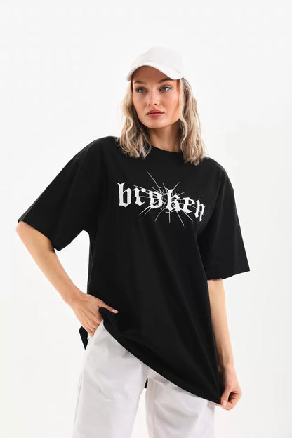 Unisex Baskılı Oversize T-Shirt - Siyah