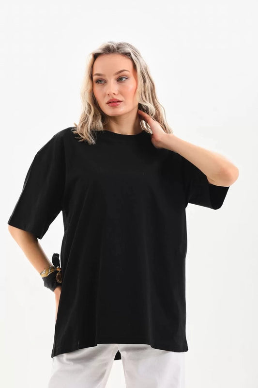 Unisex Bisiklet Yaka 20/1 Düz Oversize T-Shirt - Siyah