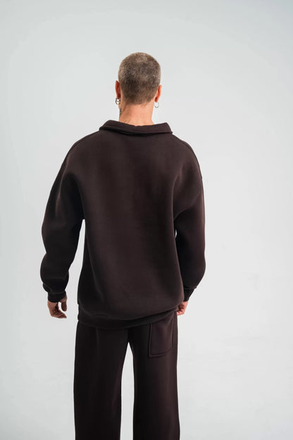 Unisex Double Oversize Patlı Yaka SweatShirt - Kahve