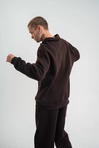 Unisex Double Oversize Patlı Yaka SweatShirt - Kahve