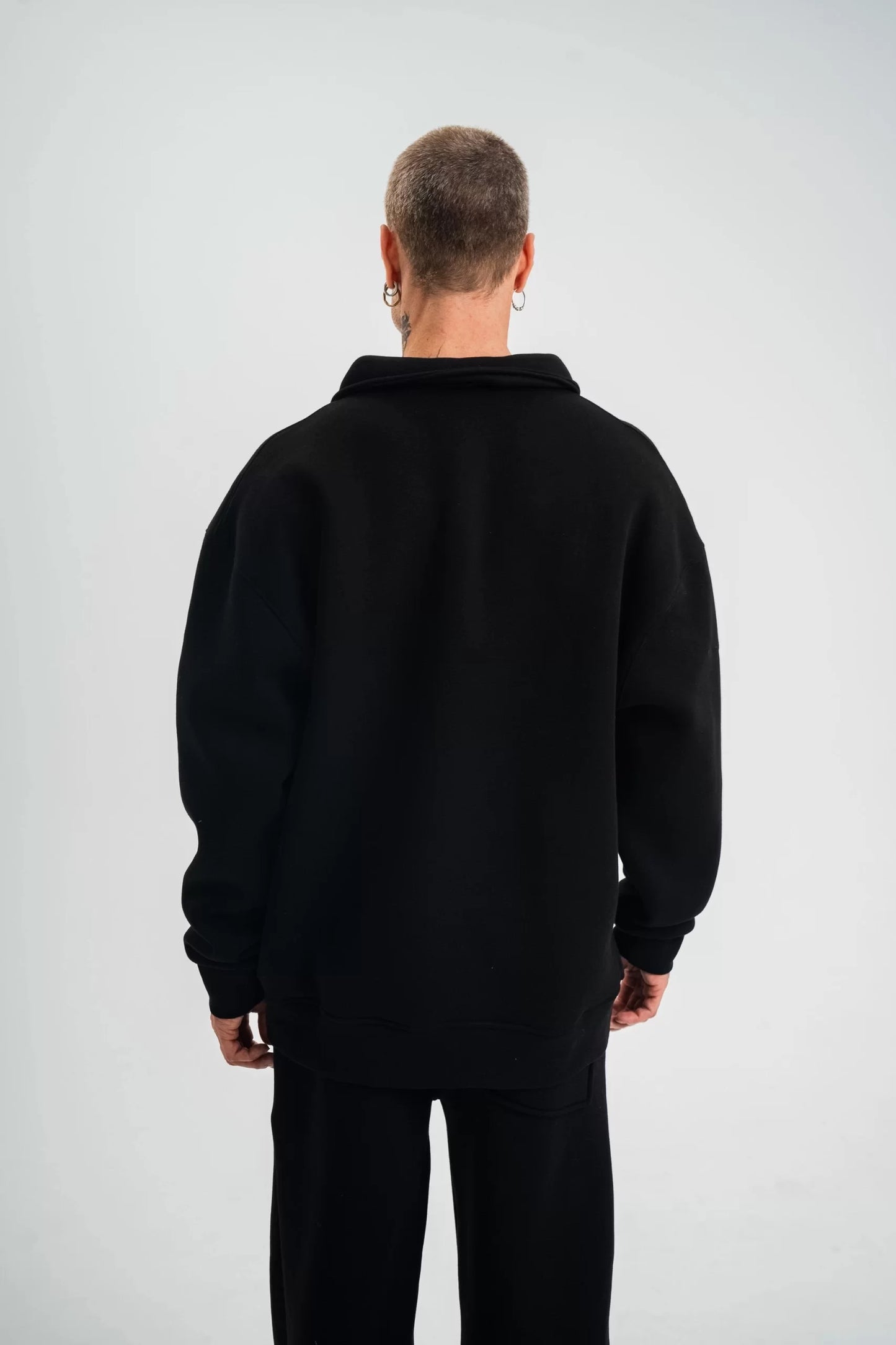 Unisex Double Oversize Patlı Yaka SweatShirt - Siyah