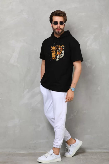 Unisex Kapşonlu Kısa Kol Oversize Baskılı T-Shirt - Siyah