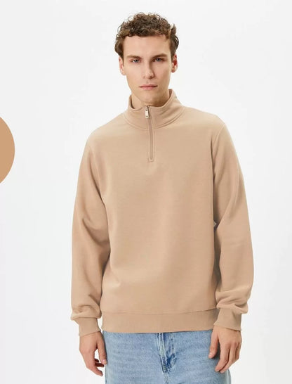 Unisex Uzun Kol Yarım Farmuarlı Yakalı Basic SweatShirt - Bej