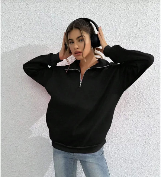 Unisex Uzun Kol Yarım Farmuarlı Yakalı Basic SweatShirt - Siyah