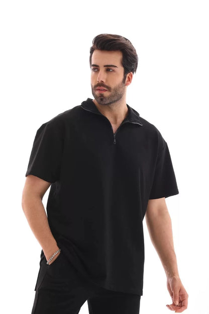 Unisex Yakalı Fermuarlı Oversize T-Shirt Şortlu Takım - Siyah