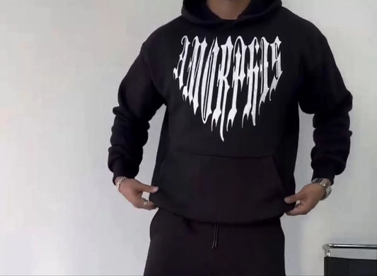 Uzun Kol Kapşonlu Baskılı SweatShirt - Siyah